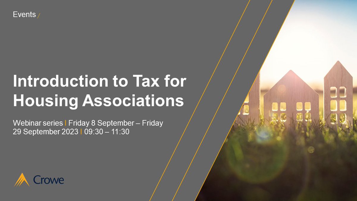 Introduction to #Tax for #HousingAssociations 2023🏠💻

This course will cover:
📎 how #VAT affects the key activities of associations
📎 an overview of corporation tax
📎 stamp duty land tax (#SDLT)
📎 employment taxes.

Register here 👇🗓️
crowe.com/uk/events/tax-… #SocialHousing