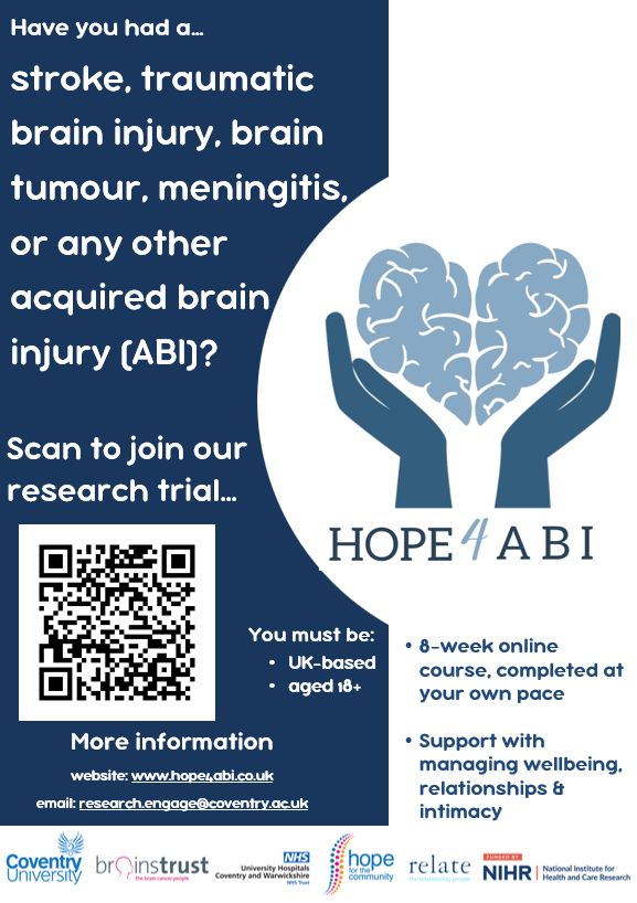Hope For The Community CIC (@hope4tc) on Twitter photo <a href="/Covcampus/">Coventry University</a> is conducting a trial to improve the lives of people with acquired #braininjuries, like #stroke, #BrainTumour, #Encephalitis,#Meningitis, or head injury. You can make a difference by sharing or signing up! 💪💛 #HOPE4ABI <a href="/NIHRresearch/">National Institute for Health and Care Research</a>
Sign up: bit.ly/3O28a8W <a href="/Covcampus/">Coventry University</a> is conducting a trial to improve the lives of people with acquired #braininjuries, like #stroke, #BrainTumour, #Encephalitis,#Meningitis, or head injury. You can make a difference by sharing or signing up! 💪💛 #HOPE4ABI <a href="/NIHRresearch/">National Institute for Health and Care Research</a>
Sign up: bit.ly/3O28a8W