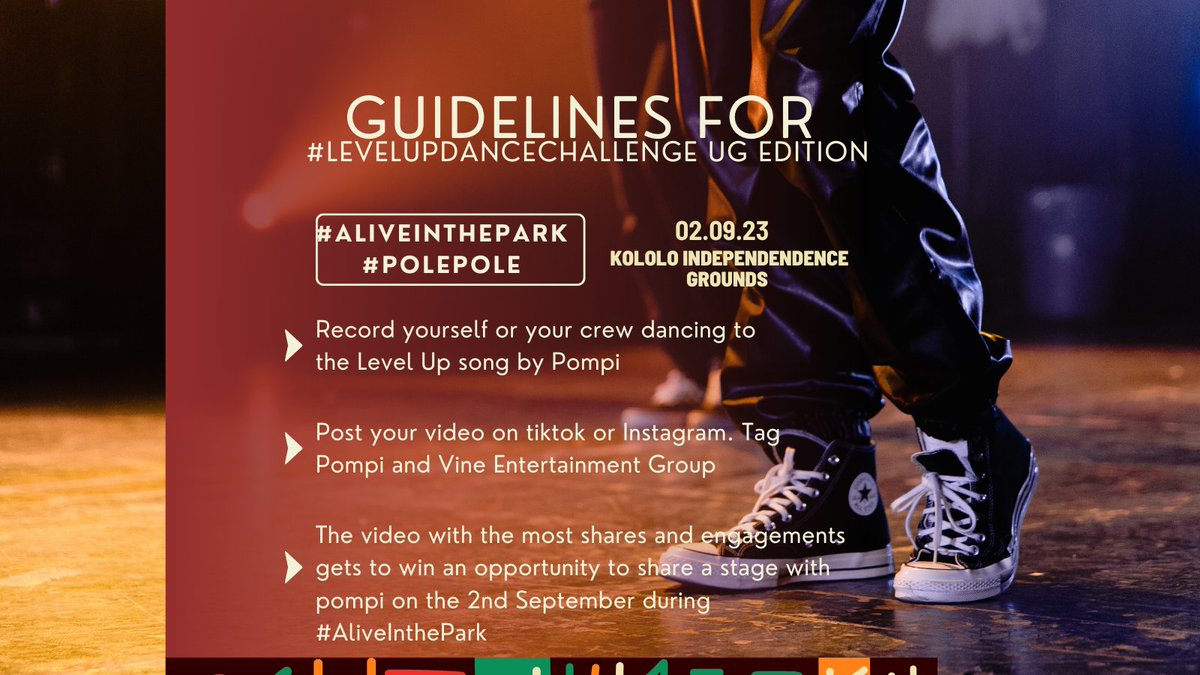 VineEntGroup's tweet photo. We are stepping it up higher with this #LevelUpDanceChallenge Ug Edition #AliveInThePark #PolePole

Simply follow the guidelines👇👇👇and stand a chance to share the stage with
cc: @ThePompi
2nd September
Kololo Independence Grounds https://t.co/Px9moMElrJ