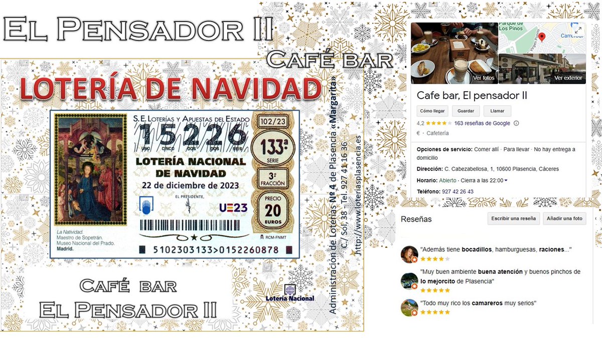 margaps's tweet photo. Café Bar El Pensador II ya tiene a la venta la lotería para el sorteo de Navidad, como cada semana, su número abonado, el 15.226. Suerte!!!
https://t.co/i5mJKLO56f
#sorteo #plasencia #GordoDeNavidad #Plasencia #GranPremio #loteriasplasencia #margarita #bar #juegos #barelpensador2 https://t.co/fFXnA7UQmR