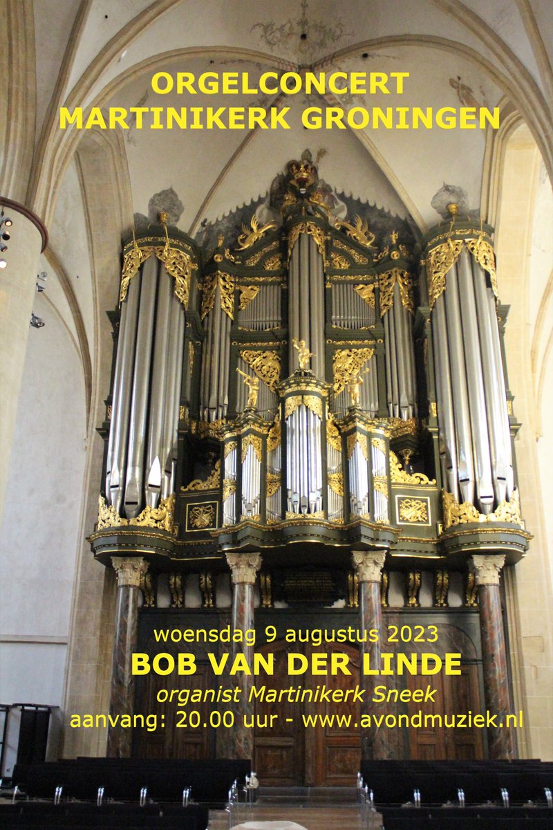 Vanavond, woensdag 9 augustus 2023, orgelconcert in de <a href="/Martinikerk/">Martin</a> Groningen door Bob van der Linde. Bruisende klanken op het beroemde Schnitgerorgel met werken van Bach, Sweelinck, Rameau en Brahms. Aanvang: 20.00 uur. Informatie: avondmuziek.nl <a href="/AvondmuziekG/">Avondmuziek Martinikerk Groningen</a>