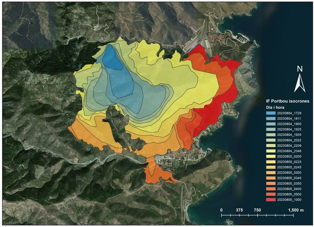 bomberscat's tweet photo. 🔎 En aquesta infografia, de l' #IFPortbou, podem veure imatges amb isòcrones de creixement dels perímetres, l'evolució de l'incendi des del seu inici fins que ja es va poder estabilitzar el perímetre. 

👨‍🚒Cada color correspon a un període de temps diferent.

#bomberscat #GRAF https://t.co/6eikwYPcPE