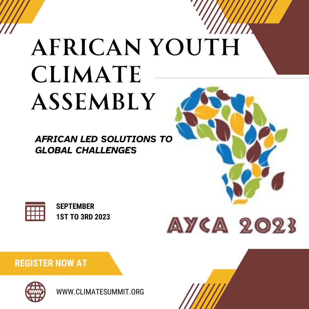Africa is highly vulnerable to the impacts of climate change &amp; requires innovative &amp; sustainable solutions to address environmental issues.

<a href="/AYCAssembly2023/">Africa Youth Climate Assembly 2023</a> will from 1st to 3rd September, 2023 showcase several youth led innovations providing solutions to these global challenges