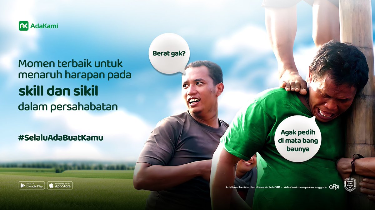 adakamiofficial's tweet photo. Kunci kemenangan dalam peringatan lomba agustusan adalah kerjasama bareng Bestie yang #SelaluAdaBuatKamu 💚 

Ngomong-ngomong, coba absen dong yang lagi berusaha ikut lomba panjat ekspektasi orang tua! Hehehe 

#SelaluAdaBuatKamu
#AdaKami #AdaKamiAdaBuatKamu https://t.co/F9Xy9MVPcP