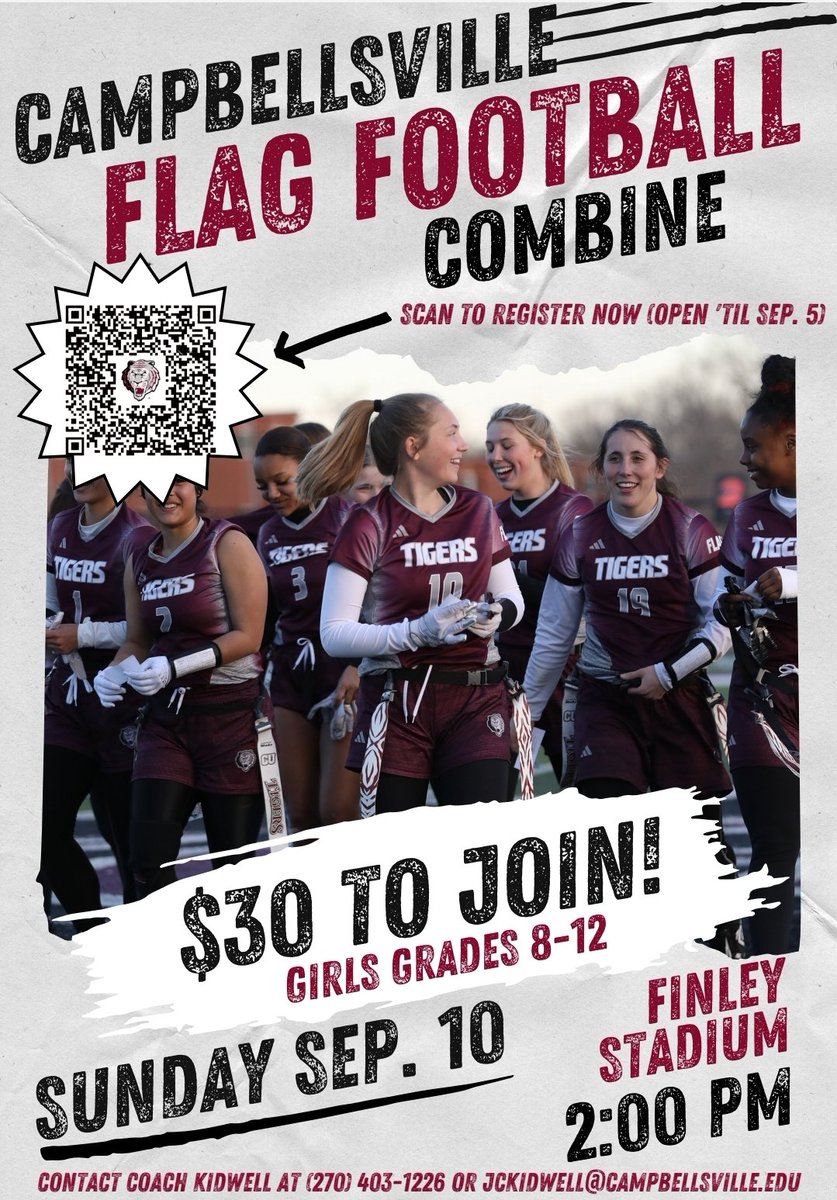 Girls Grades 8-12 Register for the Flag Football Showcase at CU for Sept. 10th forms.gle/gXigd2Yvmt6fZP…