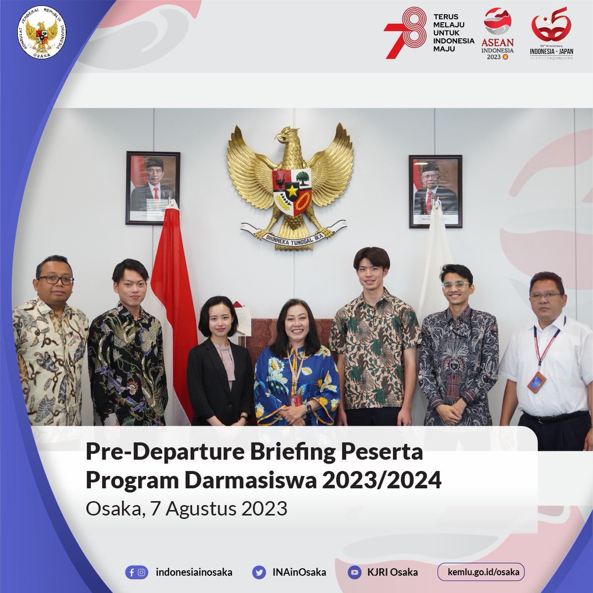INAinOsaka's tweet photo. Konjen RI @jhenict71 ajak 3 pemudi dan pemuda Jepang penerima beasiswa Darmasiswa dari wilayah kerja KJRI Osaka menjadi duta persahabatan 🇮🇩 dan 🇯🇵 saat pre-departure briefing (Senin, 7/8).

Omedetou Mas Yuhi, Mba Nanoko, dan Mas Ken!

#IndiDiplomasi
#Darmasiswa
#IndonesianWay https://t.co/tSAZ5Hnyvg