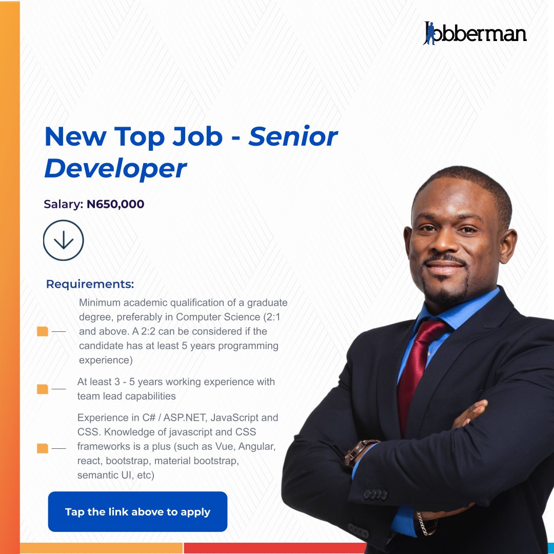 Jobbermandotcom's tweet photo. Ready to reach new heights in your career? Our client is on the lookout for a Senior Developer to bring their expertise and innovation to the team.
Take the leap and Apply Now: https://t.co/Au4Nf6ijD3
#JobbermanNigeria #JobsonJobberman #SoftwareDevelopment #TopJobOpportunity https://t.co/pSTgRg4x5x