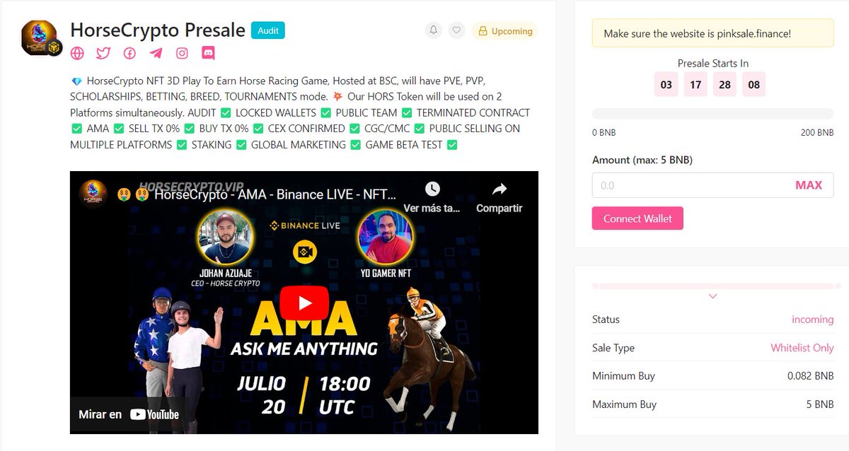 🔔⚡️ Dear Community, we are pleased to announce that we have already created the HORS Token Private Sale at PinkSale, we have almost everything ready for that Big Day, prepare your Wallets, interesting things are coming 😎🕯☄️✔️

⚪️ pinksale.finance/launchpad/0xcf…