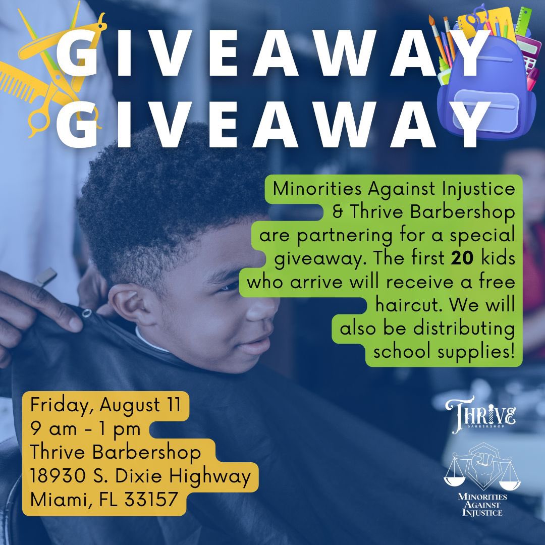 M_A_I_MIA's tweet photo. Join us this Friday 9am-1pm. First 20 kids get free haircuts. We will also be providing school supplies to kids. https://t.co/Evv4XgcDNU