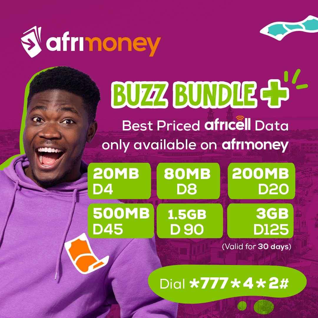 AfricellGM's tweet photo. Simply Dial *777*4*2# and choose the bundle of your choice.
🟣 20MB for D4
🟣 80MB for D8
🟣 100MB for D10
🟣 200MB for D20
🟣 500MB for D45
🟣 1.5GB for D90
🟣 3GB for D125
🟣 8GB for D375
🟣 13GB for D550
🟣 20GB for D850
#BuzzBundle+
#AfrimoneyGm
#AfricellGm https://t.co/W9SlVjv4tm