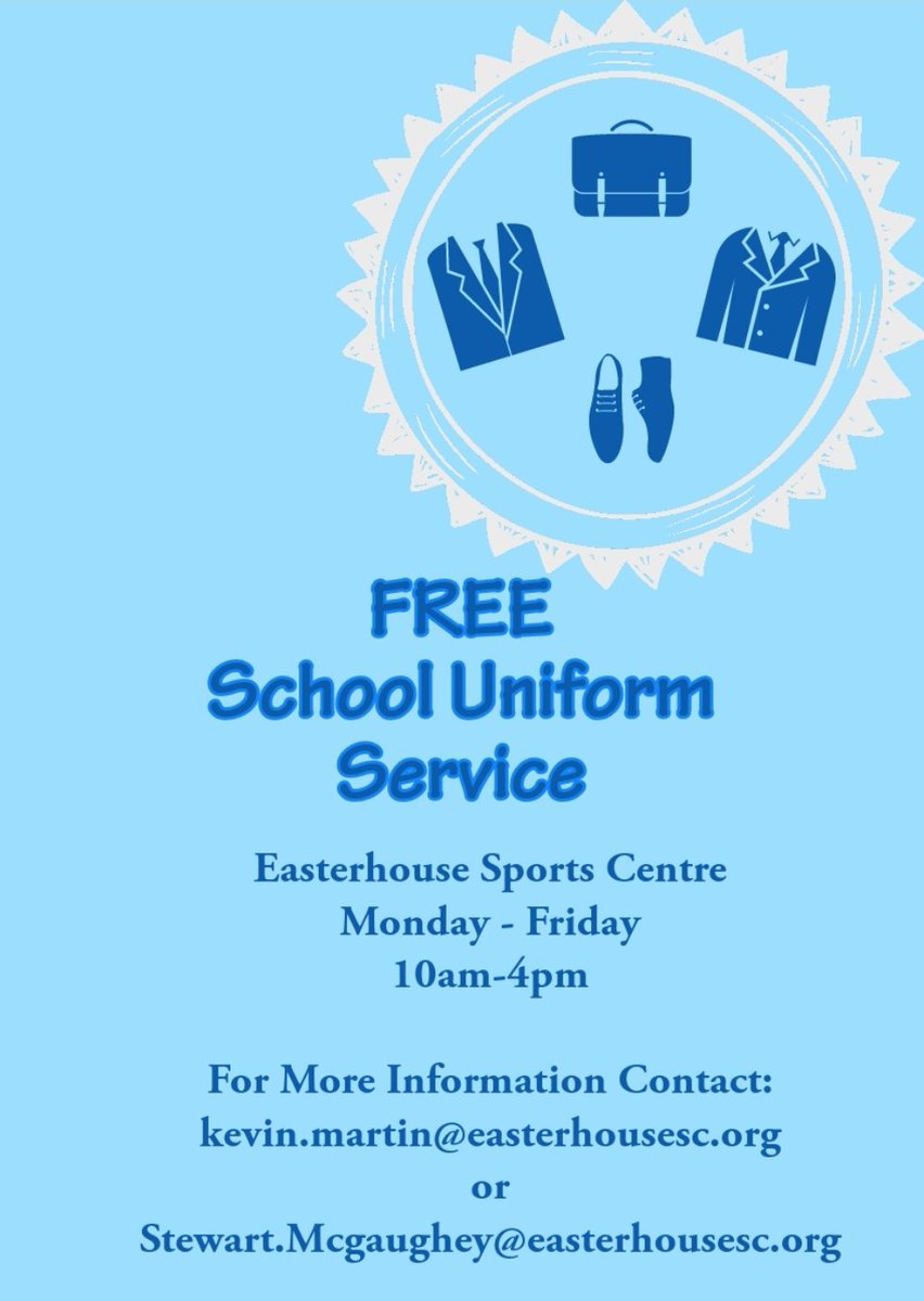 We understand that it may be a difficult time of year for families getting ready to go back to School 

We have now created a non- referral uniform bank for Schools and families to use within the local and wider Community. 

<a href="/EPhoenixD/">Easterhouse Phoenix</a>
<a href="/EasterhouseCSH/">Easterhouse CSH</a>
<a href="/basketballscot/">basketballscotland</a>

👇