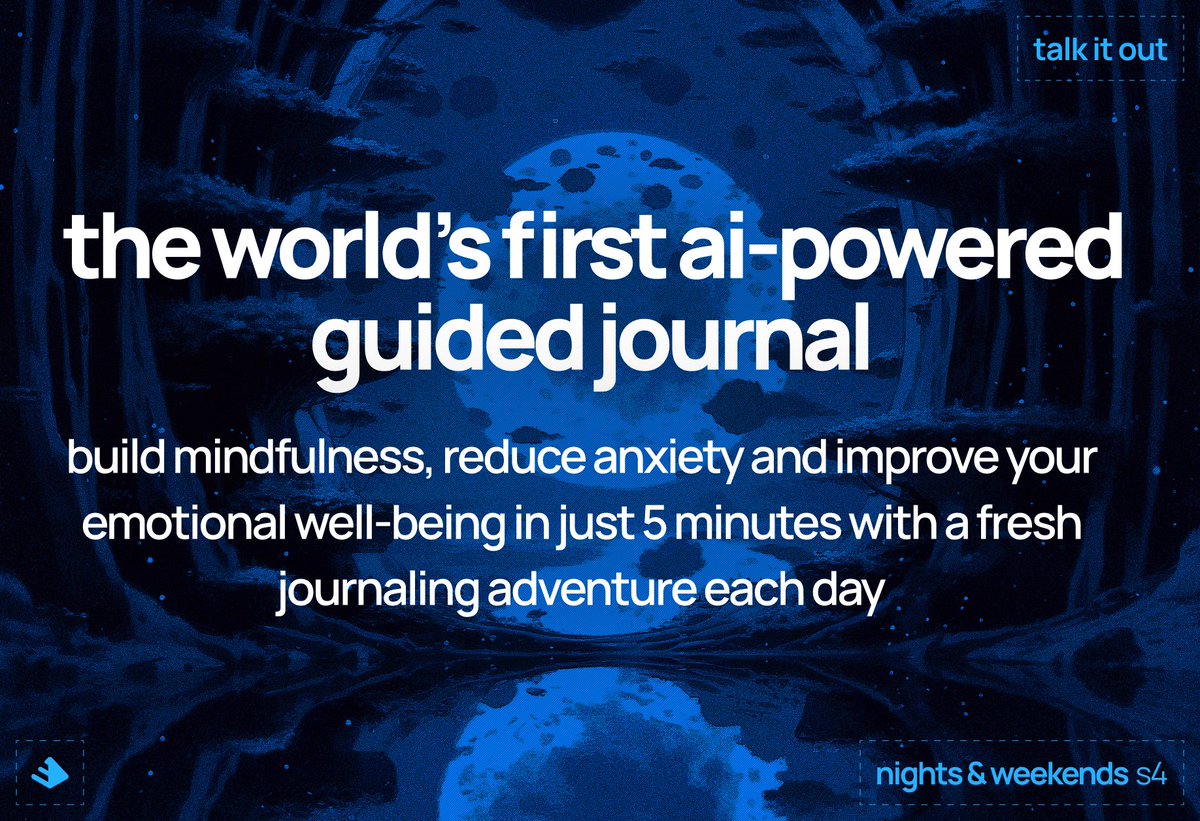tdrlz's tweet photo. Daily journalling is the single best thing you can do for your mental health

But starting from a blank page is hard and we forget so none of us do it

Talk it Out changes that

Already hacked together a first version https://t.co/OG8txlu1gt

big up @_buildspace @_nightsweekends https://t.co/TVlGpAz0Dt