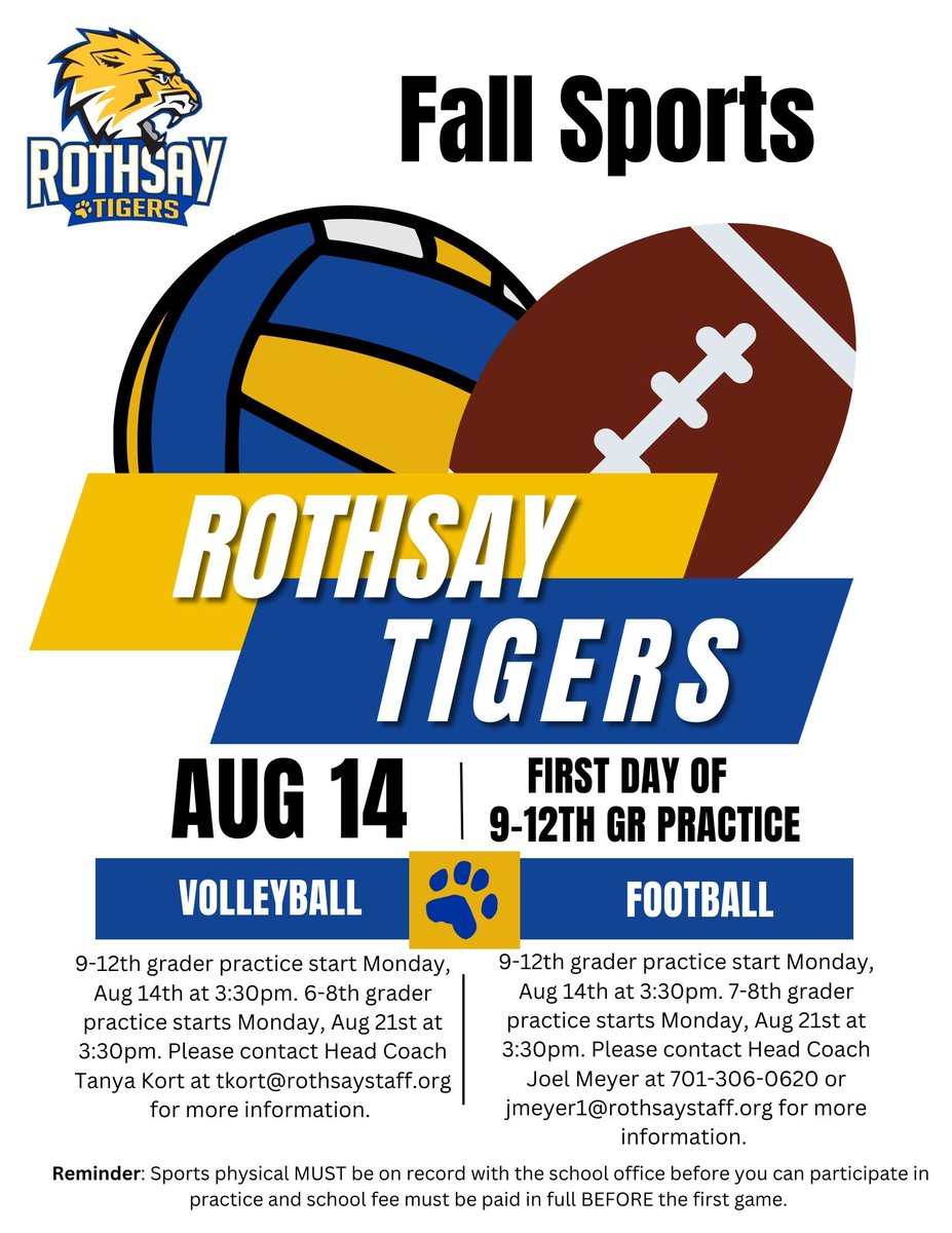 Fall sports start kicking off next week! See flyer for details. 🏐🏈 #WeAreRothsay