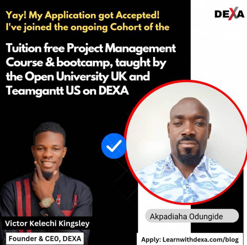 Excited to announce my enrollment in the tuition free Project Management course taught by The Open University UK &amp; TeamGantt. I applied through

learnwithdexa.substack.com/p/project-mana…

Bracing myself for a journey of learning &amp; growth as an emerging project manager <a href="/LearnwithDEXA/">DEXA</a> #LearnwithDEXA