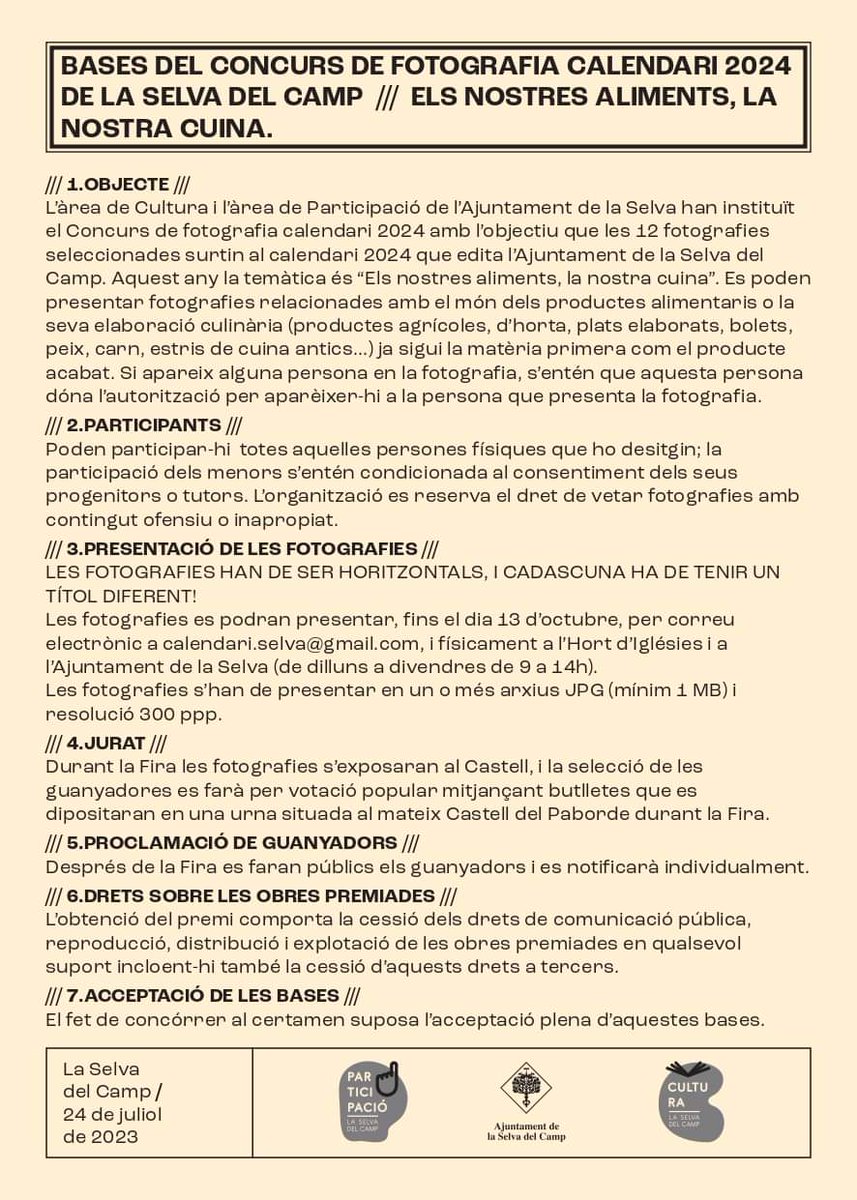 ERClaSelva's tweet photo. Concurs de fotografia calendari 2024

Es poden presentar fotografies relacionades amb el món dels productes alimentaris o la seva elaboració culinària

Les fotografies es podran presentar, fins el 13 d’octubre a calendari.selva@gmail.com

#FemCultura #LaSelvaDelCamp https://t.co/VcbhlwIyGn