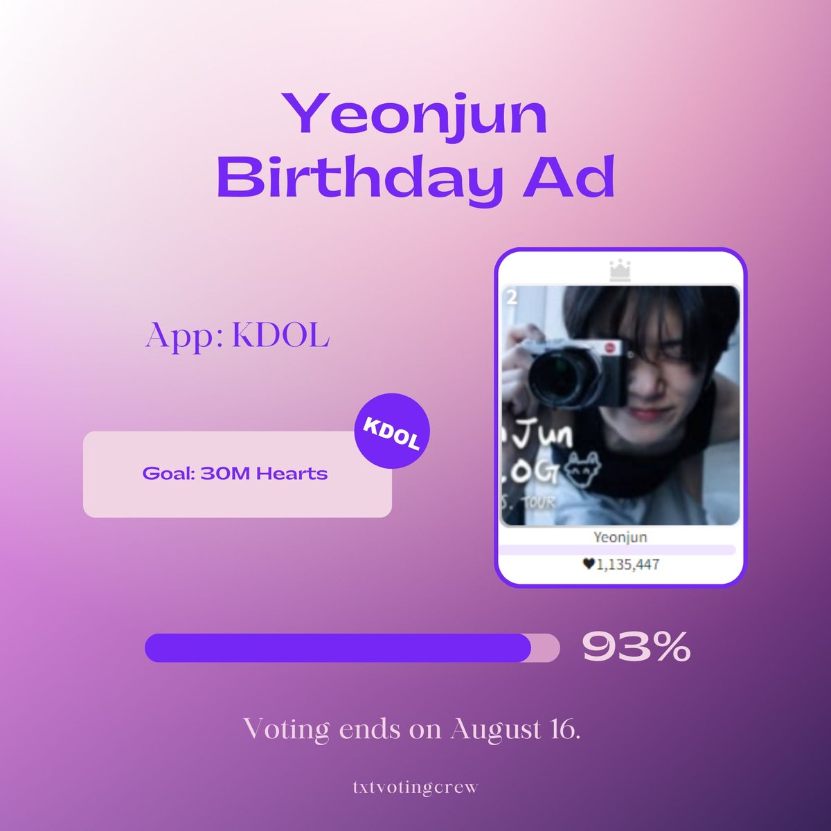 txtvotingcrew's tweet photo. 2M 💜 more and we can secure an ad for #YEONJUN on KDOL 🤩

Rank - #4
Total earned 💜- 28M 

Use this link for extra 💜
https://t.co/iqLQrvGqbA

Collect 💜 by:
🔸Watching ads (1 ad = 200💜)
🔸Daily attendance
🔸Sharing your link

#MOAisONE #MO4TXT #TOMORROW_X_TOGETHER https://t.co/eTSs68afaz