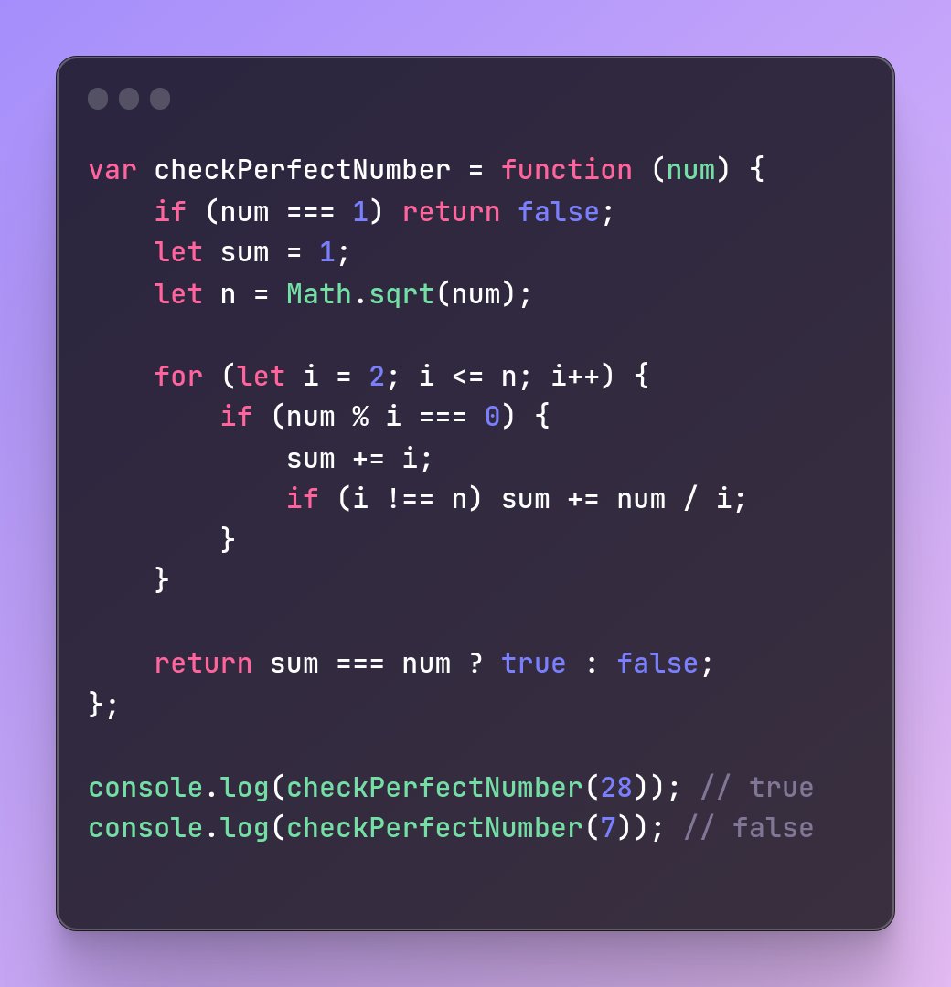 harshpatel__'s tweet image. Algo. 507. Perfect Number (LeetCode)
A perfect number is a positive integer that is equal to the sum of its positive divisors, excluding the number itself. For instance, 6 has divisors 1, 2 and 3(excluding itself), and 1 + 2 + 3 = 6, so 6 is a perfect number.
#Selftaughtdeveloper