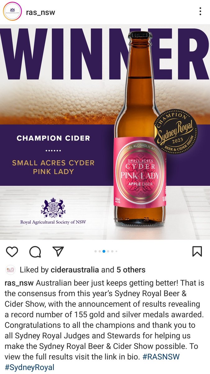 Absolutely delighted to receive Champion Cider for Our Pink Lady Cider at the Sydney Royal Beer and Cider Show last night. Very exciting moment for our family. Amazing job by Four Pines and fellow independent Mountain Culture in the Beer category too.