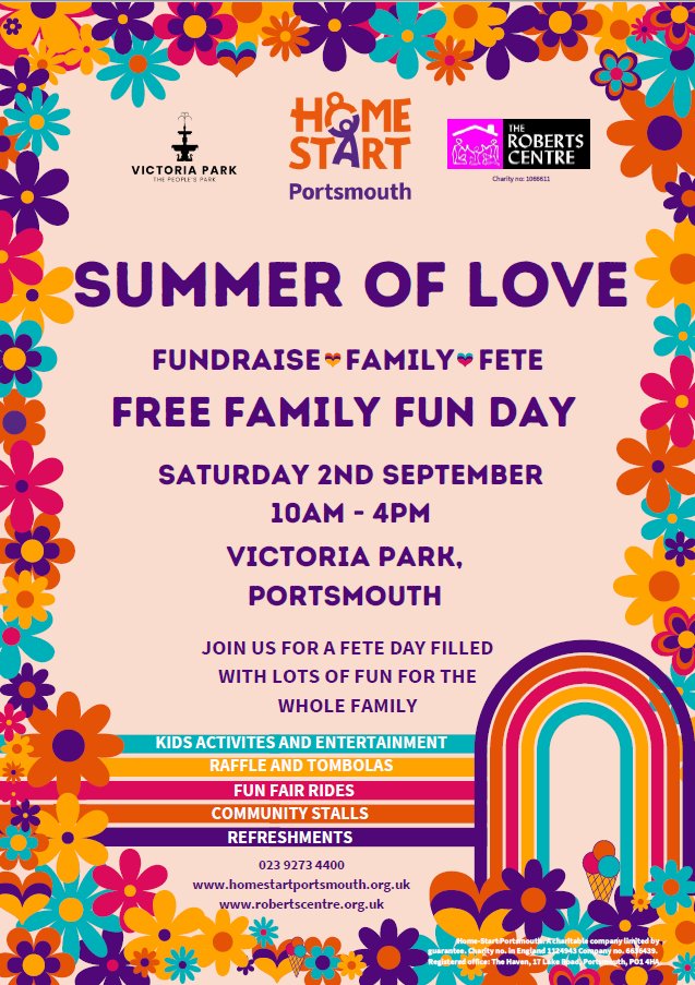 We are so happy to join #HomeStartPortsmouth’s #FREE Family Fun Day!
 Saturday 2nd September
10am- 4pm
Victoria Park, Portsmouth
See you there #SummerOfLove #Family #Event #WhatsOnPortsmouth #Support #charity