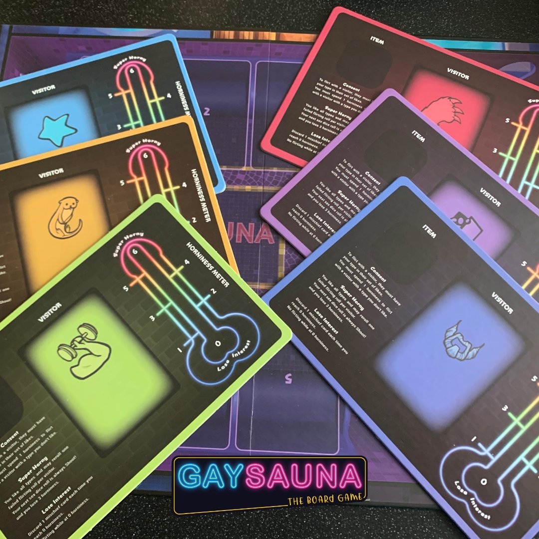 The most colourful player boards in all the land!

And quite likely the only horniness meter you'll see in a board game 😂

Gay Sauna the Board Game available to order now - shop.gaysaunatheboardgame.com