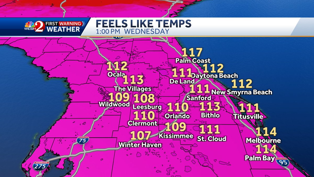 EricBurrisWX's tweet photo. Feels like temps are climbing, but while getting things together for @WESH 2 News at Noon, I wanted to share FutureCast for our heat index around 1pm.

Truly miserable heat, there's no other way to put it... https://t.co/ZNwEuuvHyw