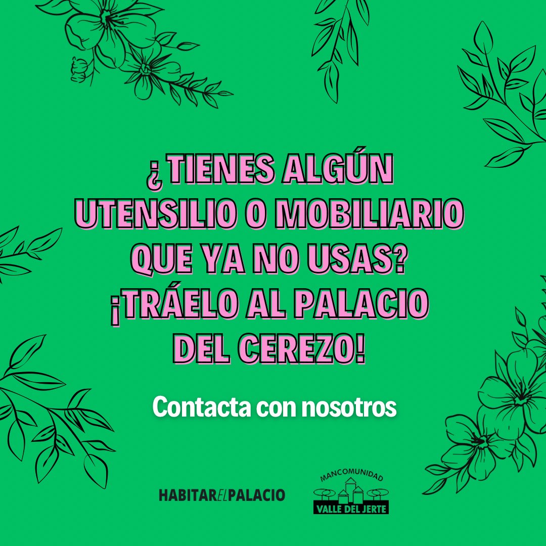 🪑El Palacio del Cerezo intenta ser un espacio concienciado con la preservación del medio ambiente y el reciclaje. En este sentido, nos gustaría dar una segunda vida a, preferentemente, utensilios de cocina, vajilla, cubiertos, juguetes o mobiliario que pudiera resultarnos útil.