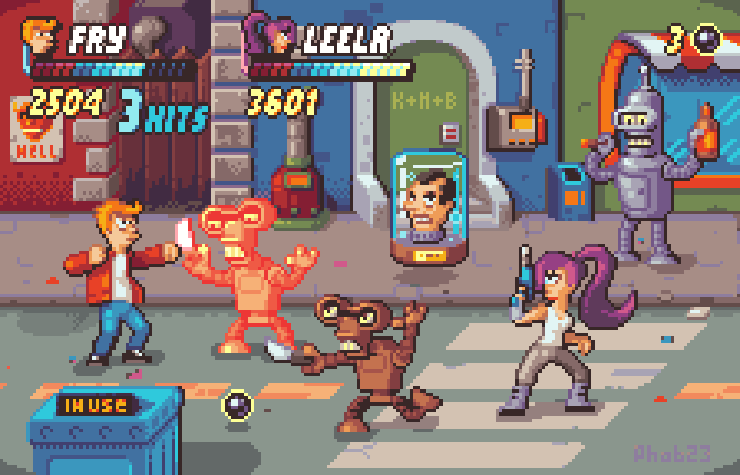 phobik's tweet photo. @bouncergames1 brought me to this idea :). Thnx bro. Would you like a beat'up game from the Futurama world? I tried to make a mockup #Futurama #beatemup #pixelart #arcadegame #byphob @aseprite https://t.co/LY7Wz2jNea