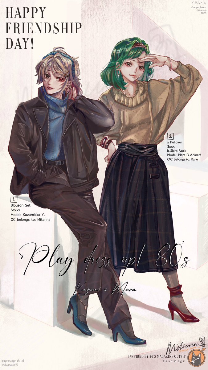 kazumikanchi_x3's tweet photo. First day modeling?! O///w///O
Kazumikka(left) x Mara(right) in kind of 80’s fashion inspo
(Salam kenal Raru~! (dan Mara) ^^ @rarurolls semoga suka <3)
Special thx to @tr07dt for making this project~! ^^
#FriendshipDayWithOCP #artidn #mikannaocs https://t.co/yMdCvQc3wb
