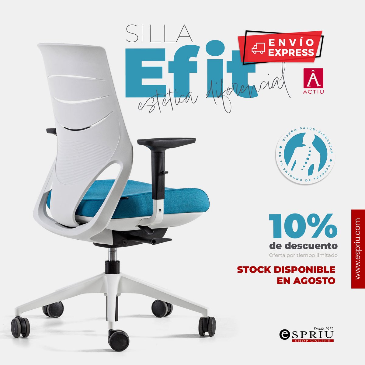 Espriumobiliar1's tweet photo. #Silla EFIT de Actiu en #oferta🤩 con #envioexpress⚡️ 24/48 horas en agosto☀️
- Syncro
- Brazos 3D regulables
- Air Comfort System
- Respaldo blanco flexible y transpirable
- Base aluminio blanco
#felizlunes #sillaergonomica #mobiliariodeoficina  
https://t.co/TgwDMLv4W6 https://t.co/tkKNXJaqQ4