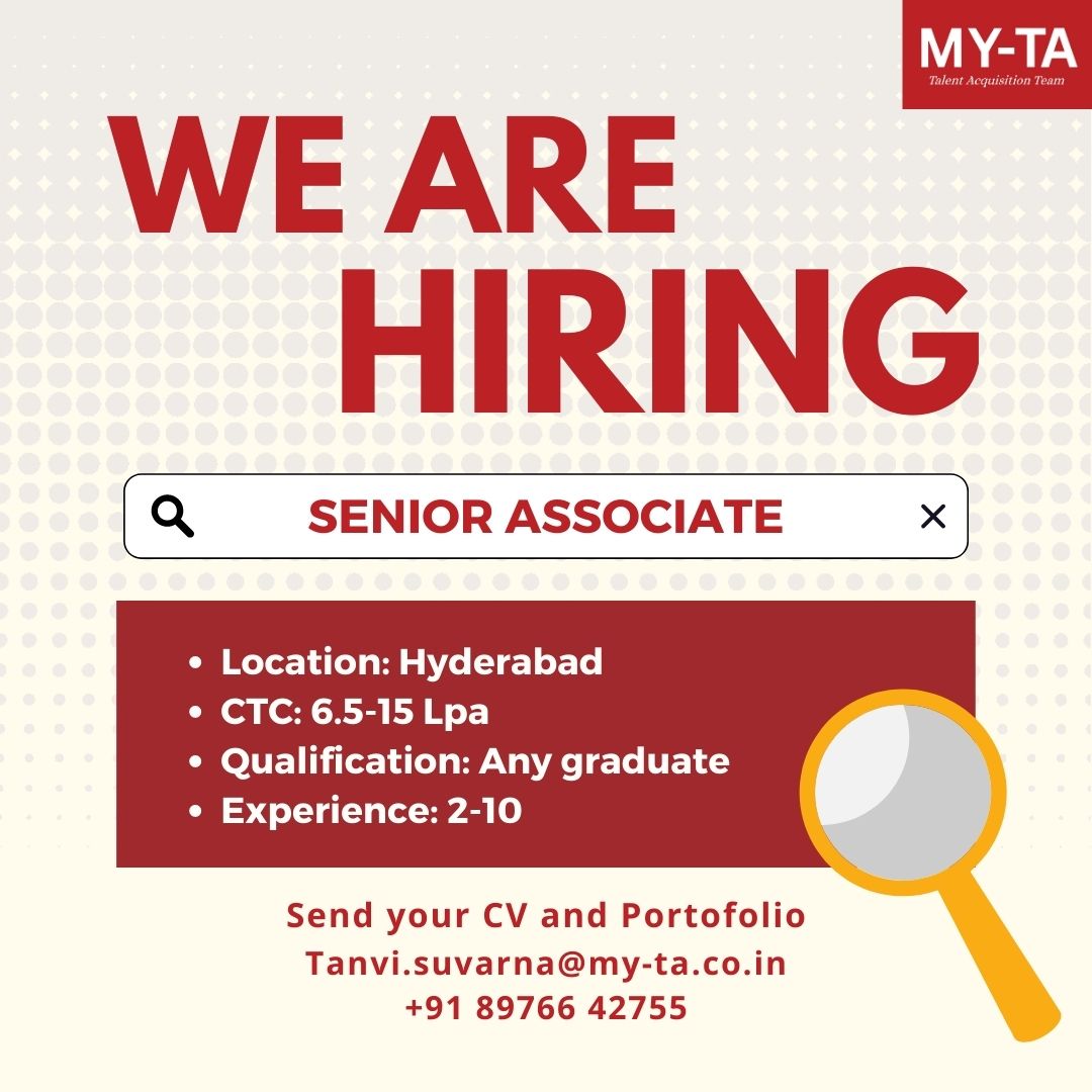 MyTalentsupport's tweet photo. Hiring Senior Associate in Hyderabad
Apply Now
Send your CV on :
tanvi.suvarna@my-ta.co.in
#jobalert #recruitment #field #fieldcollection #hiringalert #hiringnow #jobshunt #jobopening #job #jobseek #jobsearch #digitalmarketing #applynow #recruitment #recruiting #hyderabad https://t.co/4n9m0cHLyf