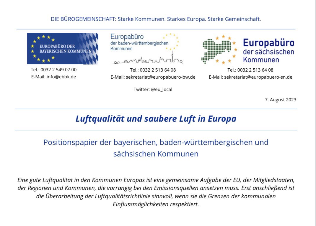 eu_local's tweet image. Saubere Luft in Europa ist essentiell. Hier bedarf es einer ganzheitlichen Betrachtung. Die Ziele der EU-Richtlinie müssen in Einklang mit den finanziellen, personellen und lokalen Realitäten auf kommunaler Ebene gebracht werden. Unser Papier hierzu unter ebbk.de/media/22330/lu…