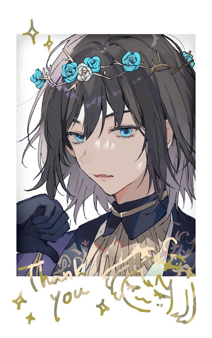 oberon (fate) 1boy male focus blue eyes solo gloves official alternate costume black hair  illustration images
