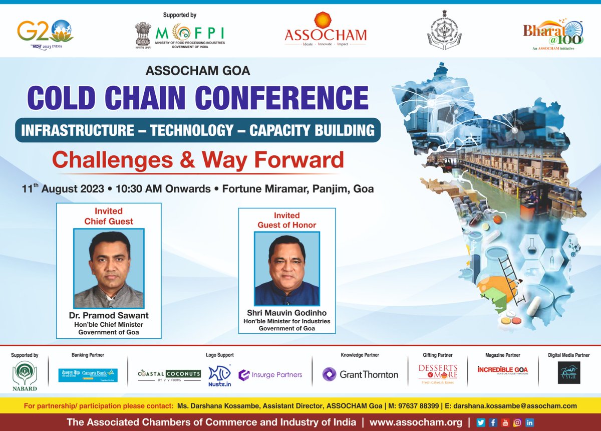 ASSOCHAM4India's tweet photo. #ASSOCHAM Goa State Development Council is gearing up to host a Cold Chain conference, centered on Infrastructure, Technology and Capacity Building. The event aims to address challenges and propose strategies for enhancing cold chain logistics and warehousing in Goa.

🗓️11th Aug 2023 
⏰10:30 AM onwards 
📍Panjim 

Don’t miss the chance to be a part of an interesting session! 🌟

@g20org,@DrPramodPSawant,@goacm, @MauvinGodinho,@Goa_IPB,@Pravimal_IAS,@SachanSwetika,@NABARDOnline,@MOFPI_GOI,@canarabank,@rsaawni,@sagarathlete,@BgVipul,@GrantThorntonIN,@dessertnmoregoa,@incredible_goa,@Vygrofficial

#ColdChain #Infrastructure #Technology #CapacityBuilding #Goa #Logistics