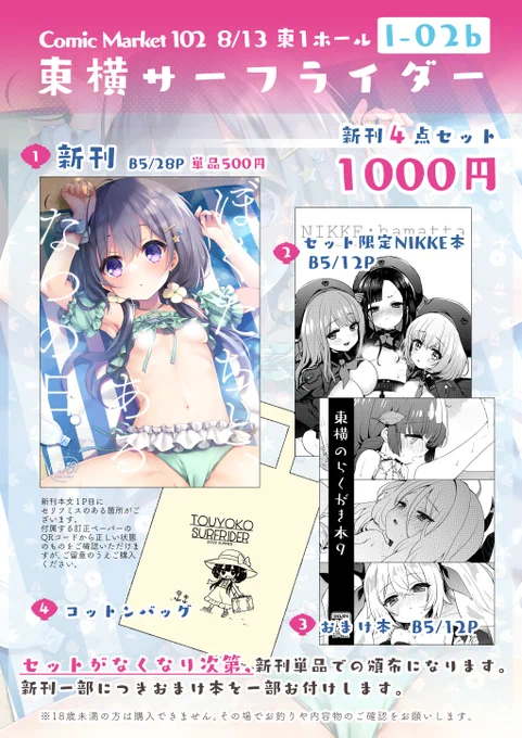 C102のお品書きと会場本のちら見せサンプルです!!!!
NIKKE本は 縮こま里さん、ソンソソさん、はるまれさんがゲストしてくれました!全人類に見てほしい🫶
おまけ本は私しか描いてないけどできれば見てほしい
pixivではニケ本表紙と白消しなしのサンプルも載せてます
https://t.co/ySXx20msrJ 