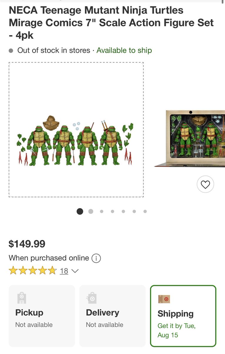 NinjaTurtleLair's tweet photo. Restock: Mirage 4-pack is back up at target and available to be shipped. ($149.99)
β
- https://t.co/iCIVZLVEGf
β
#TurtleLair #necaturtlelair #NecaToys
#teenagemutantninjaturtles #fomo #turtlepower https://t.co/DrudxF7MN4