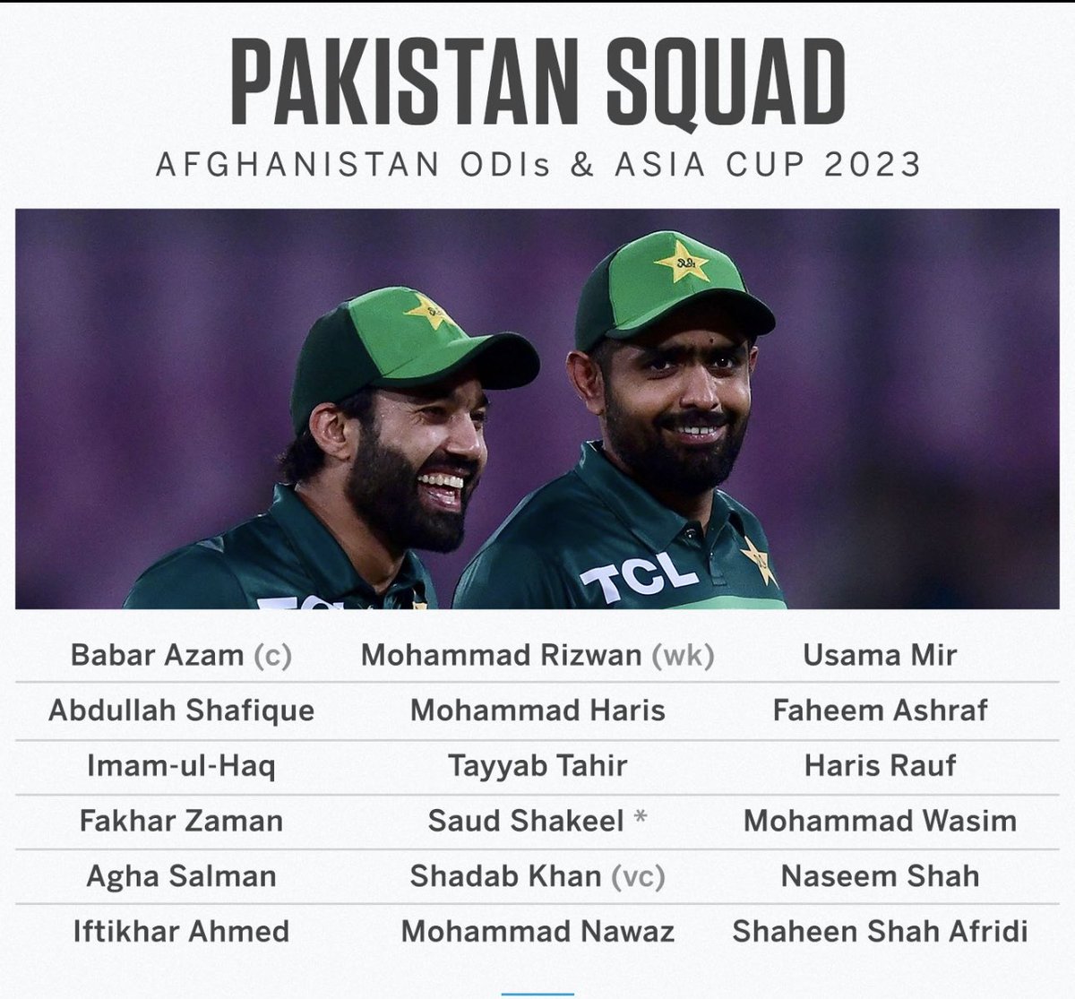 asif8791's tweet photo. Pakistan 🇵🇰 name their squad for the upcoming ODI series against Afghanistan and the Asia Cup 
#pcb #ODI #AsiaCup2023 https://t.co/jfLjLh36lf