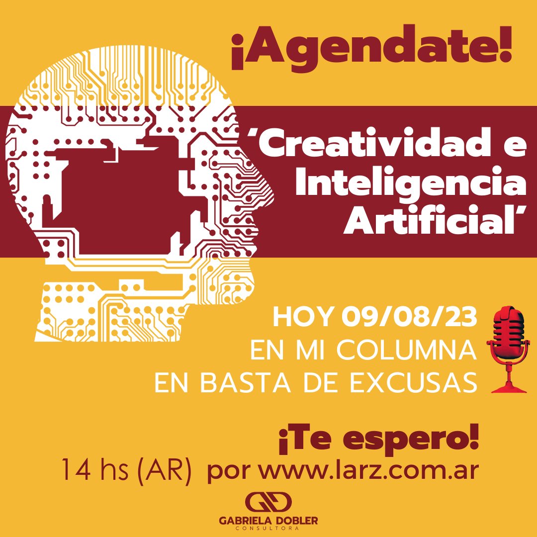 📢 ¡Agendate!  

📆 Hoy 09/08/23 te cuento sobre Creatividad e Inteligencia Artificial, en 'Basta de excusas', que se emite a las 14 hs p.m. (AR) por larz.com.ar

#buenmiercoles #marketing #creatividadenaccion