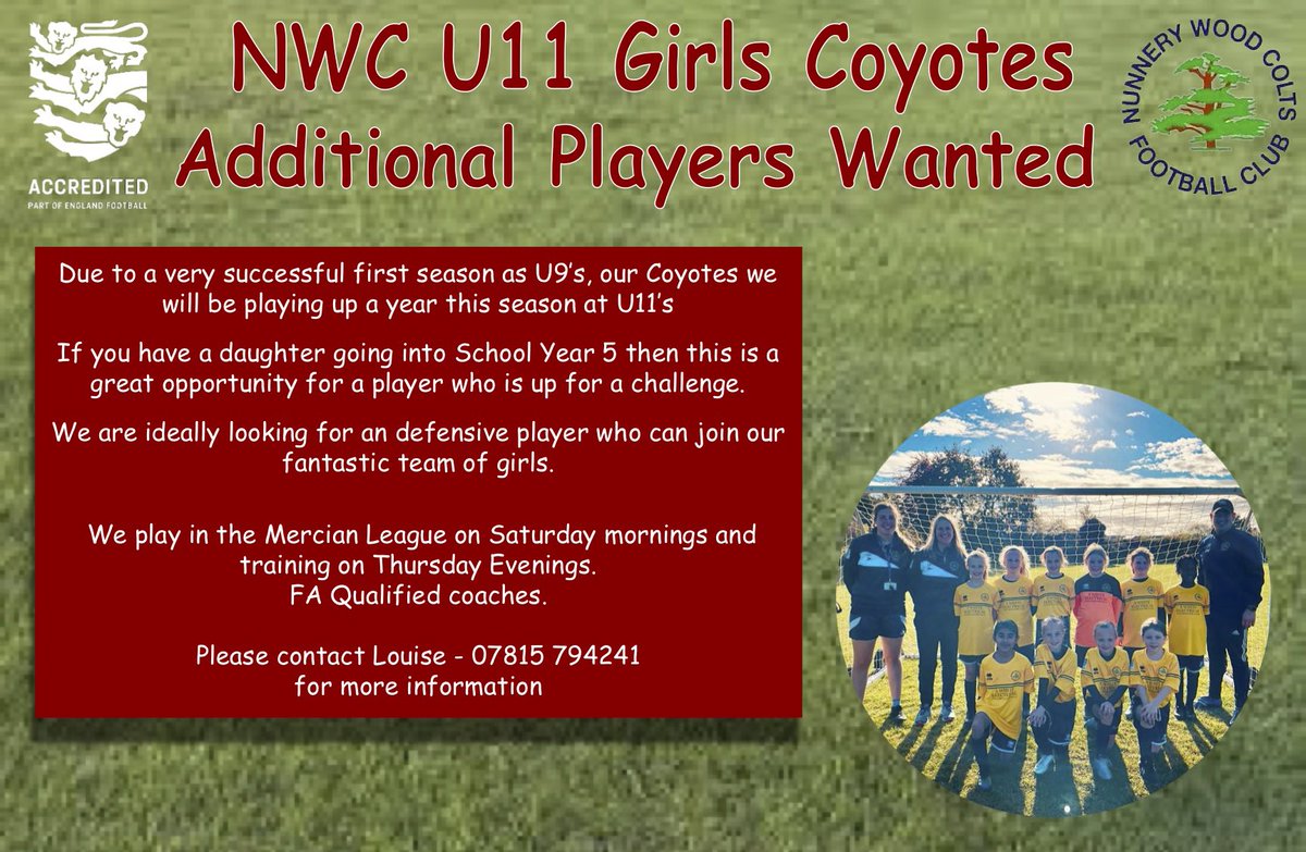 NWColts_FC's tweet photo. U11 Coyotes Girls looking for players - Nunnery Wood Colts FC https://t.co/zJrj3rRs1w https://t.co/Km7k0raEzZ
