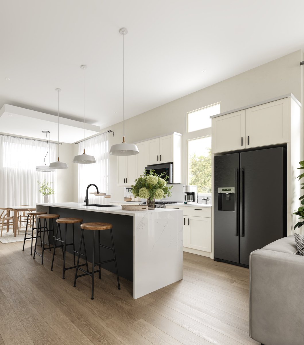 Enjoy the beauty of this Open plan kitchen render for one of <a href="/OracleCity/">Oracle City Homes</a> projects: Project Engelke which is a minimalist themed Community development project featuring 6 homes. 

It features a homely &amp; naturally-lit interior, and we ensured that the renders reflected that theme.