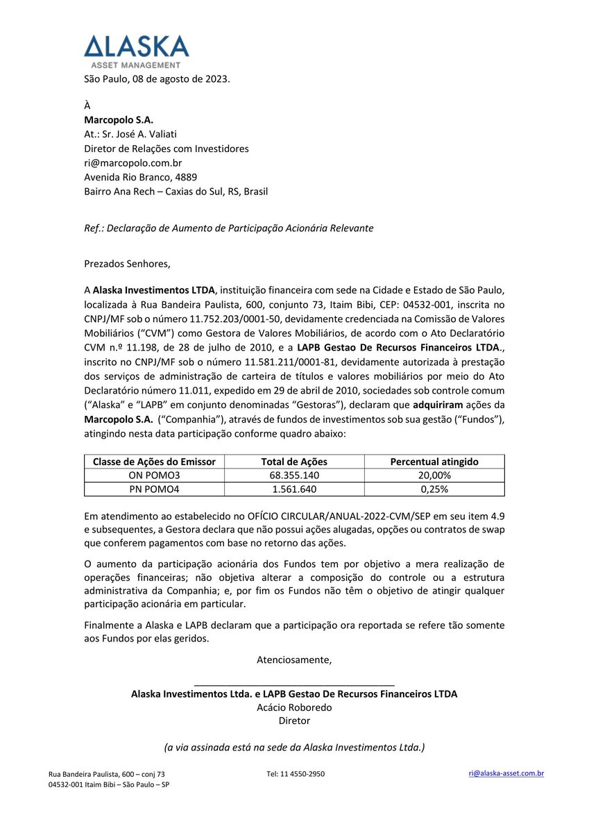 #POMO3 - Alaska e LAPB comprando conjuntamente 20% das ações da empresa.

Rapaz...