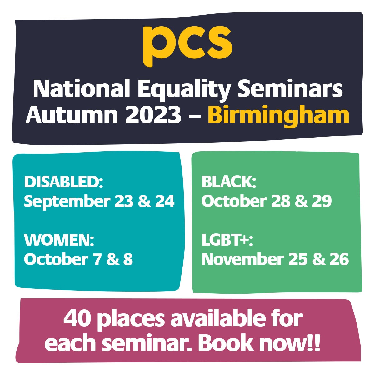 pcs_union's tweet photo. 𝗥𝗲𝗴𝗶𝘀𝘁𝗲𝗿 𝗳𝗼𝗿 𝗼𝘂𝗿 𝗡𝗮𝘁𝗶𝗼𝗻𝗮𝗹 𝗘𝗾𝘂𝗮𝗹𝗶𝘁𝘆 𝗦𝗲𝗺𝗶𝗻𝗮𝗿𝘀
Our seminars are aimed at any members with an interest in equality and who want to progress and improve the equality agenda in their workplace or branch. 
Full details - https://t.co/HpNoB0RRkt
#PCS https://t.co/YUktLD4VLY