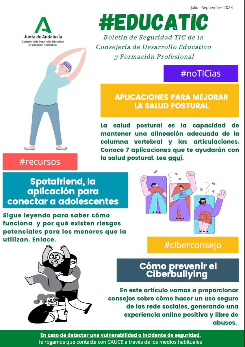 En esta edición del boletín de seguridad TIC💻exploramos..
💡 Apps para Mejorar la Salud Postural 💡
pantallasamigas.net/aplicaciones-m…
❗Riesgos de Spotafriend❗
pantallasamigas.net/spotafriend-ap…
🛡️Ciberconsejo🛡️
andaluciavuela.es/noticias/ciber…
Para más info,nuestra web blogsaverroes.juntadeandalucia.es/ceipalyussana/
#educatic