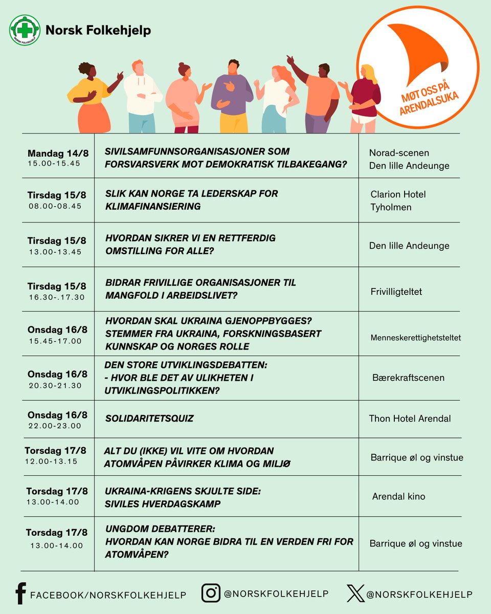 Vi gleder oss til @arendalsuka og debatt om demokrati og sivilsamfunn, i tillegg til masse andre spennende arrangementer! Her finner du oss: