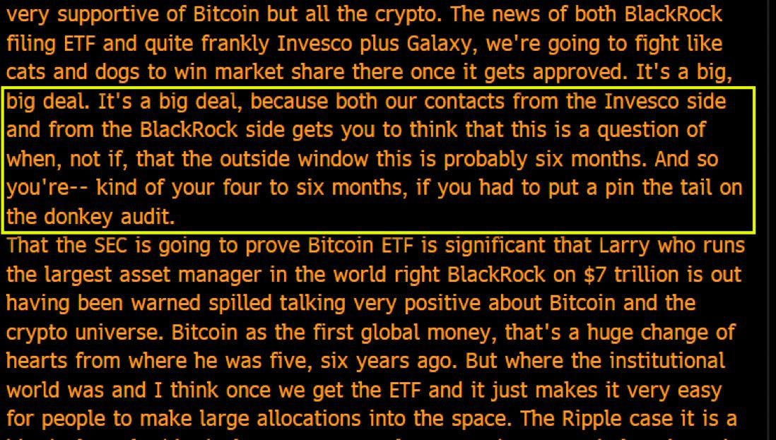 BlackRock mengatakan Persetujuan ETF Bitcoin Bisa dalam 6 bulan. 

Orang dalam di BlackRock dan Invesco mengatakan kemungkinan persetujuan yang akan dilakukan oleh lembaga SEC tentang keputusan ETF Bitcoin di AS bisa dalam waktu 6 bulan.
🤔
