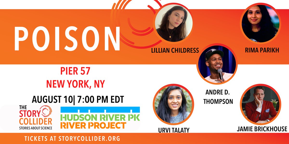 TOMORROW! Join us at @HudsonRiverPark for stories about science & poison! Join hosts @ZStovall & Neeti Jain and hear intoxicating stories from @rimaparikh12, Urvi Talaty, @AndreDThompson, Lillian Childress & @jamiebrickhouse! Only a few tickets left 🎟️: ow.ly/Xo0X50Pm1Zk