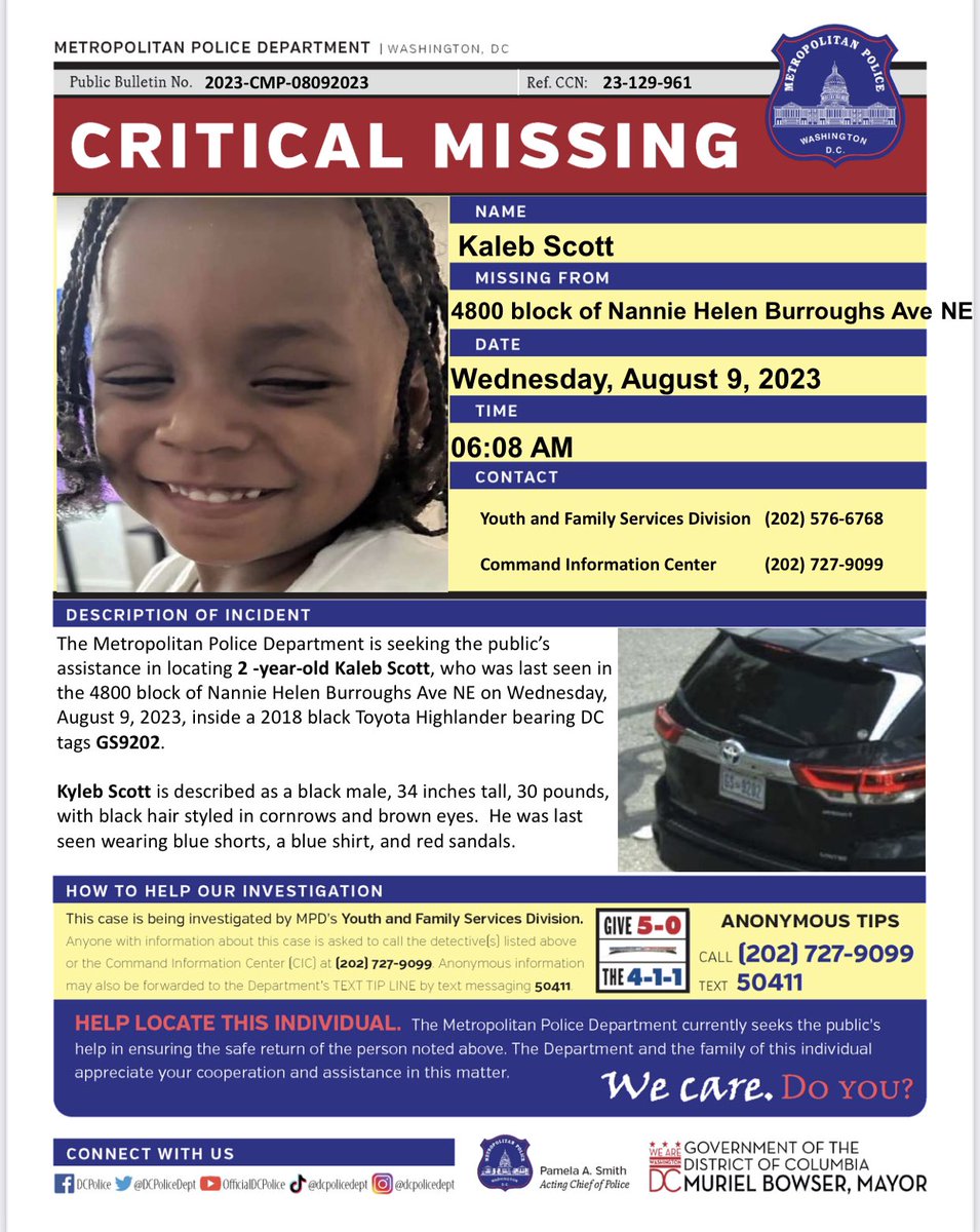 DCPoliceDept's tweet photo. AMBER ALERT: MPD is searching for 2-year-old Kaleb Scott, who was last seen in the 4800 block of Nannie Helen Burroughs Ave NE, inside a 2018 black Toyota Highlander bearing DC tags GS9202. Call 911 is seen. https://t.co/OiffxCIDnf