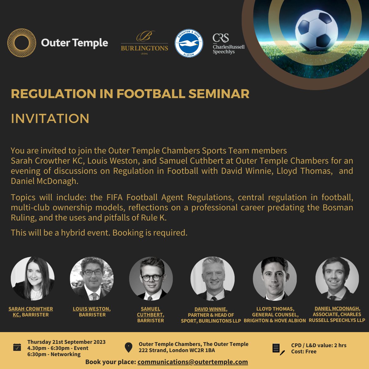 OTC Sport (@otc_sport) on Twitter photo Join OTCâs Sports Team membersâ Sarah Crowther KC, <a href="/sportingbrief1/">Louis Weston</a> and <a href="/samuel_cuthbert/">Samuel Cuthbert</a> for our Regulation in Football Seminar with David Winnie of @BurlingtonsLegalLLP, Lloyd Thomas of <a href="/OfficialBHAFC/">Brighton & Hove Albion</a> and Dan McDonagh of <a href="/CRS_Lawyers/">Charles Russell Speechlys</a> Join OTCâs Sports Team membersâ Sarah Crowther KC, <a href="/sportingbrief1/">Louis Weston</a> and <a href="/samuel_cuthbert/">Samuel Cuthbert</a> for our Regulation in Football Seminar with David Winnie of @BurlingtonsLegalLLP, Lloyd Thomas of <a href="/OfficialBHAFC/">Brighton & Hove Albion</a> and Dan McDonagh of <a href="/CRS_Lawyers/">Charles Russell Speechlys</a>