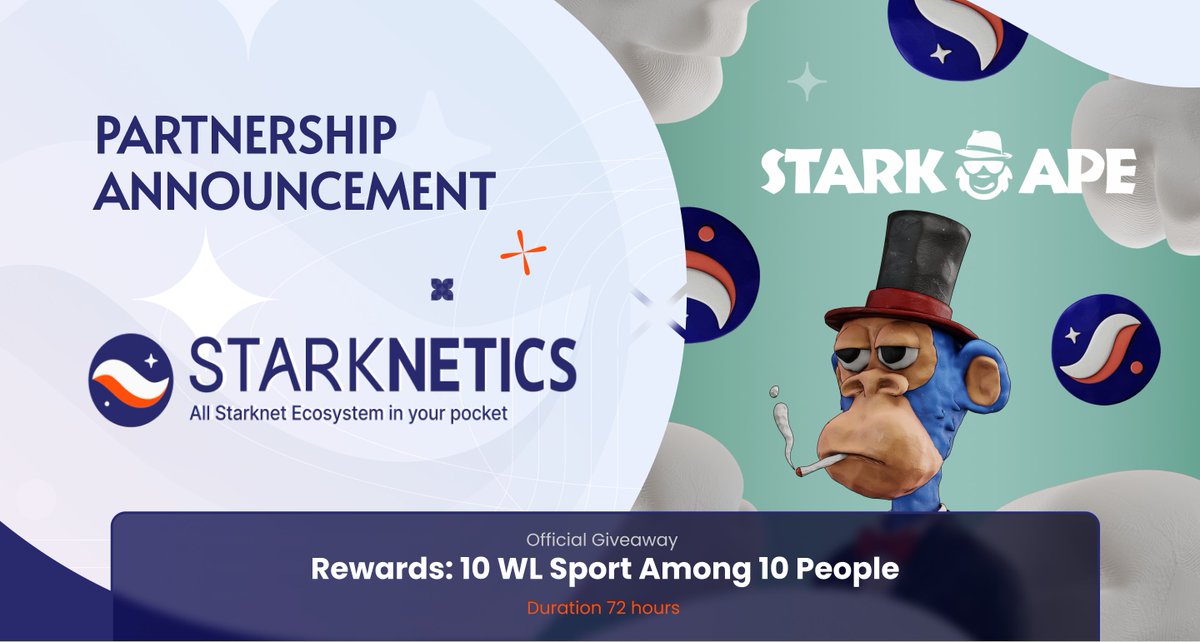 🚨Partnership Announcement🚨

We are happy to announce that we are teaming up with <a href="/stark_ape/">StarkApe</a> to make <a href="/Starknet/">Starknet 🐺🐱</a> a much smoother space for #NFT to create the hub!

Also, we are happy to give away some #WLs 

To participate👇

- Follow <a href="/Starknetics/">Starknetics✨</a> &amp; <a href="/stark_ape/">StarkApe</a> 
- Like &amp; RT this