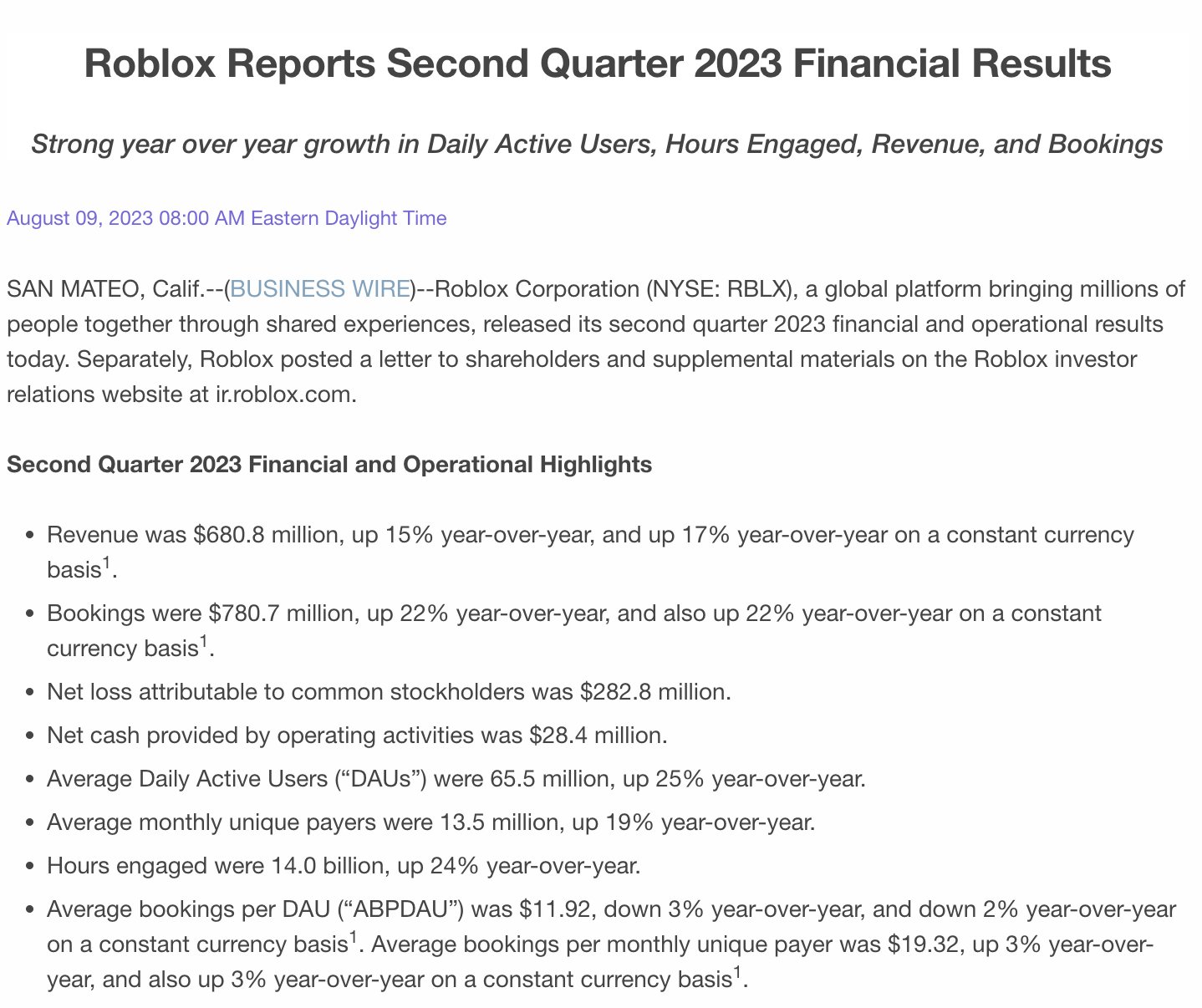 Global Roblox Corporation quarterly revenue 2023