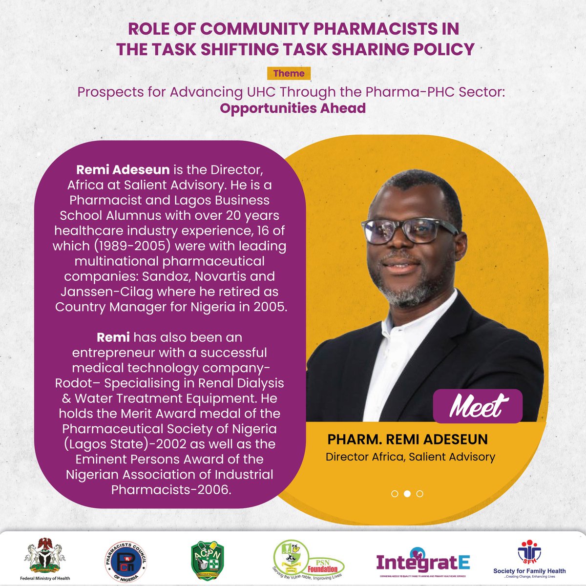 SFHNigeria's tweet photo. #SFHWEBSERIES
Meet our speakers!

Join us for this insightful webinar that discusses the potential for advancing Universal Health Coverage through the Pharma-PHC sector. 

Register Here: https://t.co/c4NuUPHGrU
🗓️Thursday 10th August, 2023
⏲️1:00pm - 2:30pm (WAT) https://t.co/p4a8G20qgi